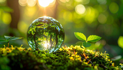 Glass orb with leaf reflections, Generated image	