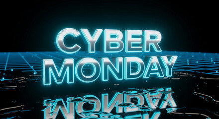 3D render of "Cyber Monday" text, with blue neon outline and reflective surface, representing promotional event, sale, or discount shopping season