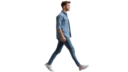 A young man walks with confidence in a casual outfit, showcasing a light denim shirt and jeans in a studio setting.