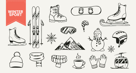 Hand Drawn Winter Sport Vector Set | Outline Sketch Icons of Ski, Snowboard, Ice Skates, Goggles, Snowman, and Mountain for Cold Weather Activities.