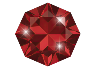 Detailed illustration of a faceted ruby gemstone sparkling with bright highlights and reflections on a transparent black background showcasing its deep red color and geometric cuts
