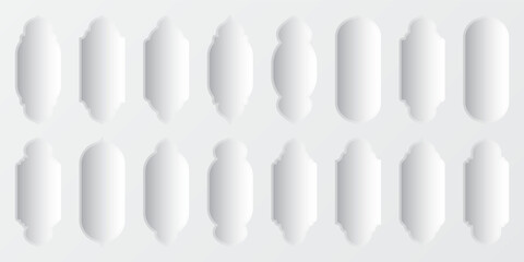 Islamic frames, oriental style objects. Arabic shapes, windows and arches with shadows. Traditional ornamental frame. Muslim holidays, Ramadan Kareem. Modern eastern architecture. Vector illustration