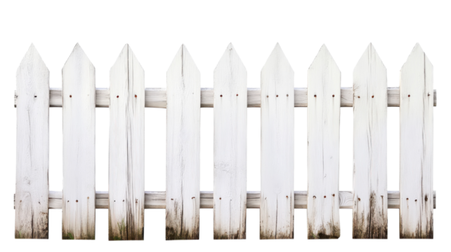 White picket fence with pointed tops in bright sunlight, perfect for outdoor settings and garden aesthetics.