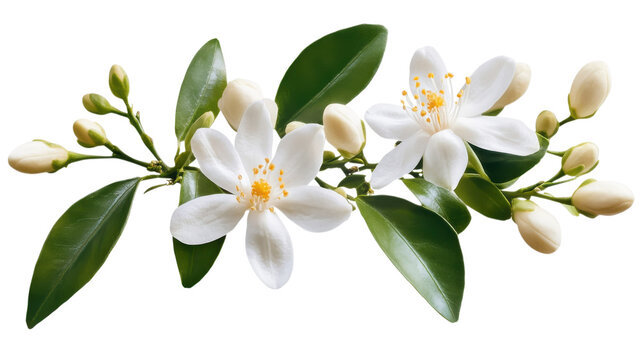 Botanical orange blossom branch isolated on transparent background, white citrus flowers and green leaves PNG, spring floral design