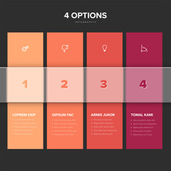 A dark infographic design template with four distinct options, each with a numerical step and text box. This infographic template provides a clear visual structure for presenting four options.
