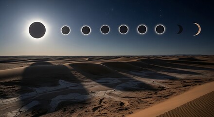 Solar Eclipse Sequence Over Desert Landscape - A Celestial Spectacle.