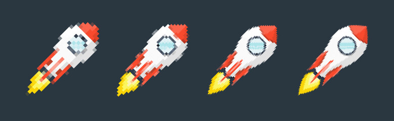 Pixel art rocket with fiery trails, retro games, space-themed designs, apps, or animations. 8-bit style for technology, sci-fi, and futuristic creative projects. Vector illustration