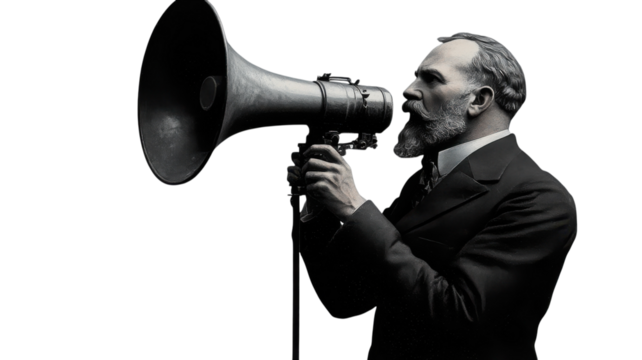 A man in a vintage suit speaks into a megaphone, sharing his insights at a gathering in a historic setting.