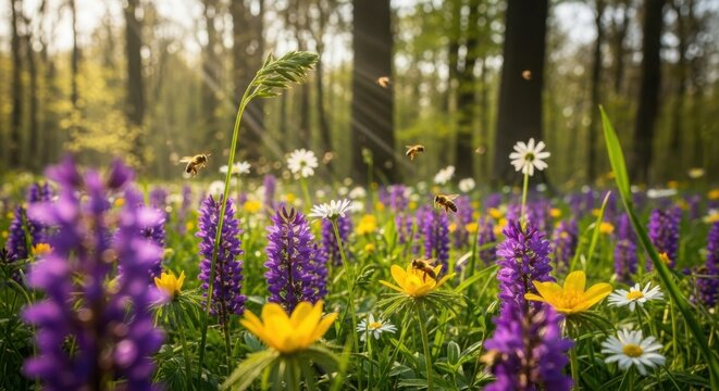 Blooming meadow with vibrant wildflowers and bees in a sunlit forest clearing