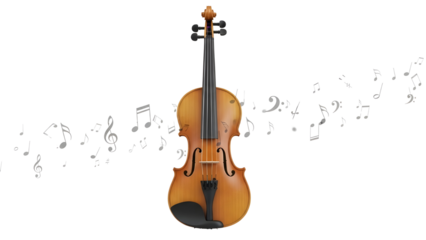 Wooden classical orchestral violin instrument with floating musical notes illustration isolated PNG with Transparent Background