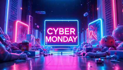 Vibrant neon lights illuminate a futuristic cityscape with a prominent cyber monday sign surrounded by shopping bags and gift boxes evoking a sense of digital commerce and holiday sales