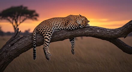 Leopard peacefully sleeping on a tree branch during a vibrant African sunset