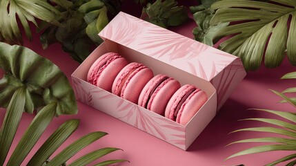 Indulge in elegant pink macarons presented in a stylish box with tropical leaf accents perfect for gifting, celebrations, or savoring a delightful treat moment