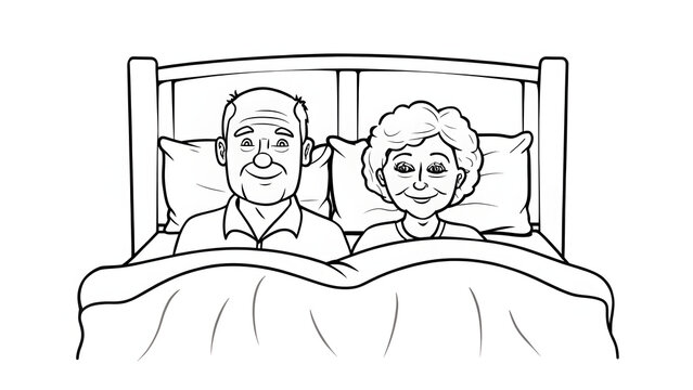 Illustration of a senior couple relaxing in bed with cheerful expressions and cozy atmosphere - Powered by Adobe