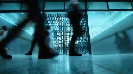A Dynamic Scene of Urban Movement: Capturing the Flow of People in Motion in a Modern Public Space Near a Closed Entrance with a Stylish Design and Flowing Energy