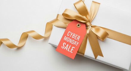 A white box wrapped with golden ribbon and a red tag, displaying 'Cyber Monday Sale', representing a promotional offer, gift, purchase, shopping opportunity