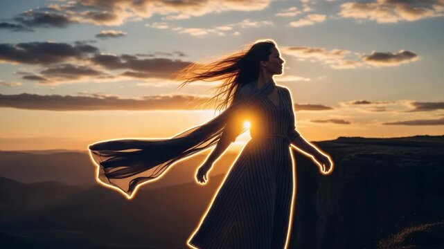 Inspirational sequence of a young woman with a glowing silhouette on a mountaintop. Concept of freedom spiritual awakening and finding inner peace during a golden sunset