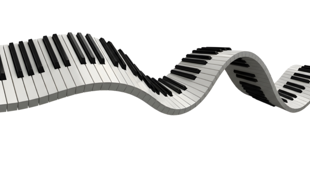 Undulating 3D piano keyboard graphic representing rhythm, melody, and musical creativity. isolated PNG with Transparent Background