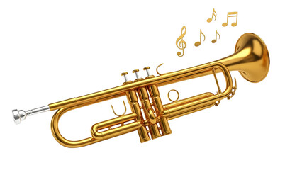 Shiny gold trumpet musical instrument with floating notes for jazz or concert performance isolated PNG with Transparent Background