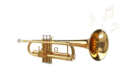 Obraz premium Shiny Golden Brass Trumpet with Musical Notes isolated PNG with Transparent Background
