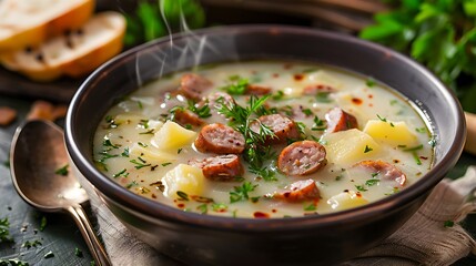 A bowl of steaming soup with sausage and potatoes garnished with parsley on a dark background close up