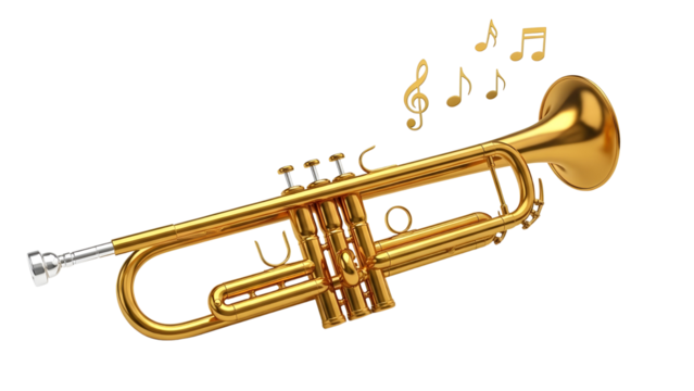 Luxury shiny golden trumpet professional brass musical instrument with flowing music symbols isolated PNG with Transparent Background