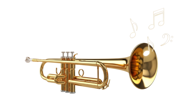Professional shiny golden brass trumpet musical instrument with floating music notes isolated PNG with Transparent Background