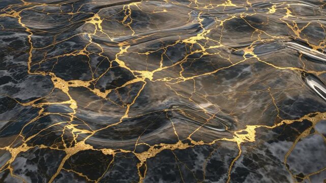 Black and gold marble texture with a liquid wave effect. Abstract background inspired by the japanese art of kintsugi for premium branding or web design