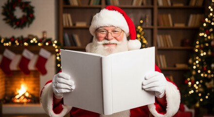 Smiling Santa Claus figure holding a blank open book or story album in a cozy Christmas living room.