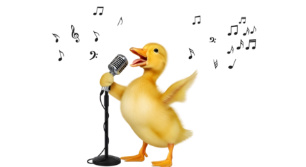 Funny yellow duckling singing into a retro microphone performing karaoke or music isolated PNG with Transparent Background