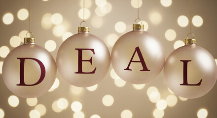 Four spherical ornament, each displaying a letter forming the word "DEAL", suggesting seasonal promotion or discount offer for holidays