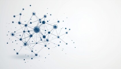 Abstract network of interconnected dots and lines representing data, technology, or molecular structures on a clean white background.