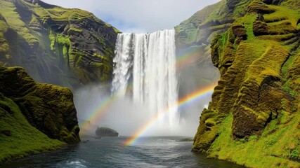 Majestic skogafoss waterfall in iceland with a vibrant rainbow in the mist. Panoramic banner of the famous icelandic landmark for travel and tourism promotion