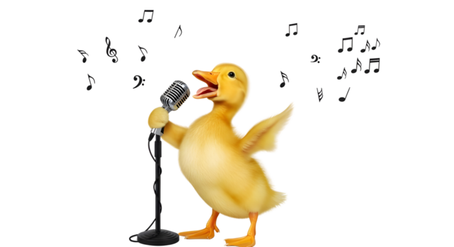 Cute yellow duckling singing music into a professional vintage microphone on a stage. isolated PNG with Transparent Background