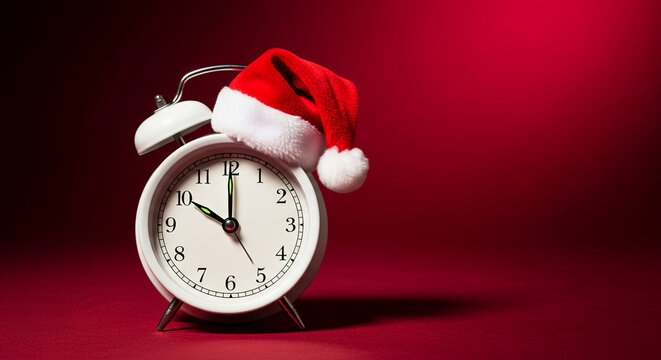 White alarm clock with Santa hat on red background, showing ten o'clock, symbolizing Christmas time countdown, holiday season, and festive spirit
