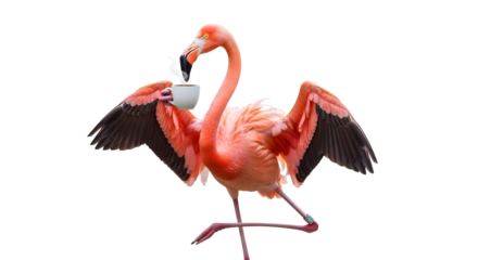 Bright pink flamingo enjoying a morning coffee cup for quirky tropical marketing and concepts. isolated PNG with Transparent Background
