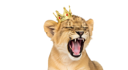 Cute young lion cub roaring fiercely while wearing a gold crown symbolizing power. isolated PNG with Transparent Background