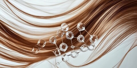 A close-up image showcasing flowing hair intertwined with a molecular structure, representing beauty and science.
