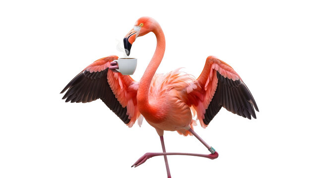 Bright pink flamingo enjoying a morning coffee cup for quirky tropical marketing and concepts. isolated PNG with Transparent Background