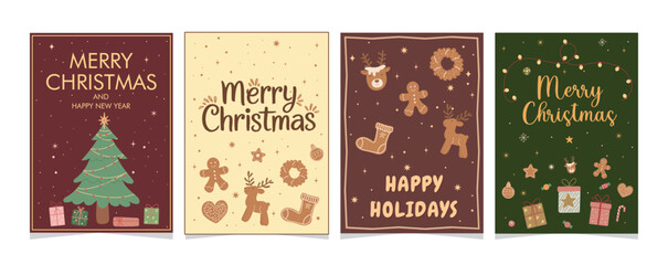 Set of Hand-Drawn Christmas and Happy New Year Greeting Cards