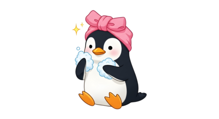Cute penguin cartoon wearing pink towel washing face with soap foam bubbles isolated PNG with Transparent Background