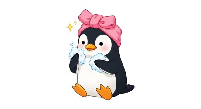 Cute penguin cartoon wearing pink towel washing face with soap foam bubbles isolated PNG with Transparent Background