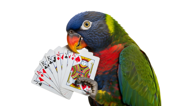 Colorful parrot holding a fan of playing cards, conceptual image for luck and gaming isolated PNG with Transparent Background