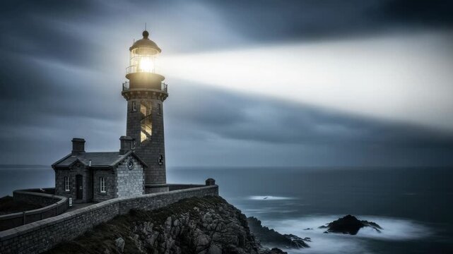 Composite sequence of a lighthouse beacon sweeping its light beam across a stormy sea at night. A powerful symbol of guidance, safety, and providing direction in adversity