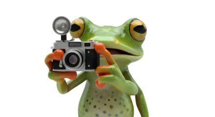 Green tree frog character holding a retro film camera acting as a photographer mascot isolated PNG with Transparent Background