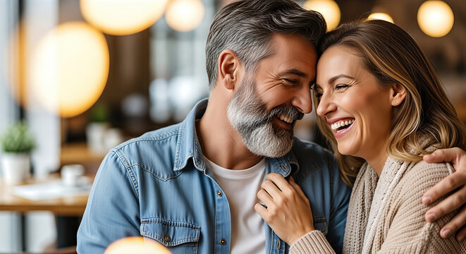 Couple sharing a joyful moment in a cozy cafe, smiling and embracing each other, surrounded by warm lighting and a relaxed atmosphere, embodying love and connection in everyday life