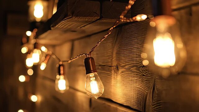 Warm glowing string lights draped across a rustic wooden surface, creating a cozy ambiance.