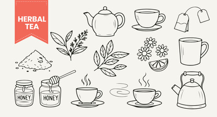 Hand Drawn Herbal Tea Vector Set | Outline Illustration Pack of Teapot, Cups, Lemon, Honey Jars, Herbs, and Flowers for Natural Drink and Wellness Designs.