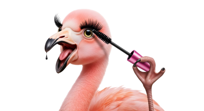 Funny flamingo applying thick fake eyelashes with mascara for beauty and makeup concept isolated PNG with Transparent Background