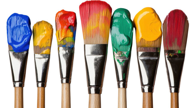 Colorful paintbrushes with vibrant paint ready for an artistic project in a creative studio setting. - Powered by Adobe